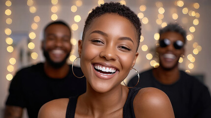 Smiling african american woman with short hair, wearing hoop earrings, surrounded by friends in festive atmosphere, celebrating Friendsgiving with joy and laughter