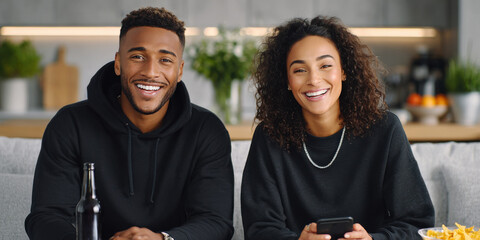 Smiling african american man and woman in casual black hoodies, enjoying Friendsgiving celebration at home, surrounded by cozy decor and festive atmosphere with copy space