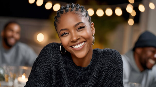 Smiling African American woman in cozy black sweater, enjoying Friendsgiving celebration with friends, warm lights creating a festive atmosphere, capturing joy and togetherness