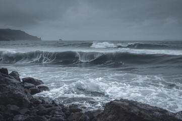 Fototapeta premium Wavy water and rocky shore backdrop