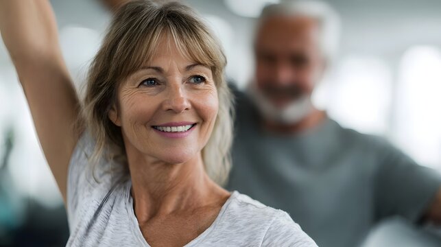 Smiling senior woman exercising with older man in a health and wellness setting