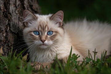 Cat with blue eyes resting beside a tree