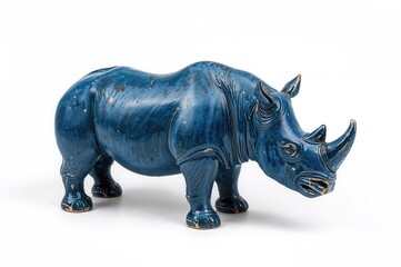 Vintage blue rhinoceros statue against a white backdrop