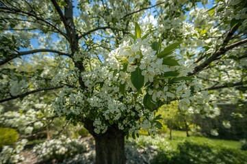 Fototapeta premium Flowering Fruit Tree with White Blossoms in a Garden