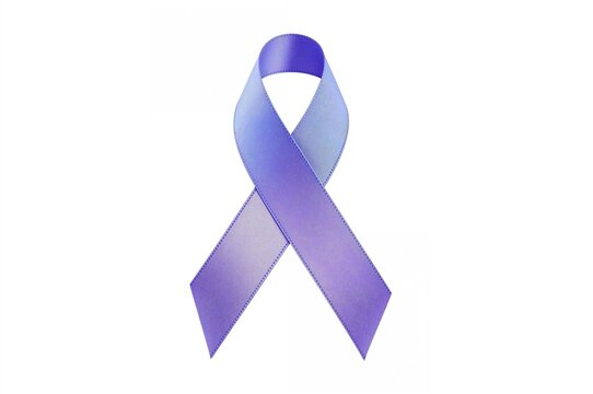 Purple and blue awareness ribbon symbolizing Pediatric Stroke and Rheumatoid Arthritis RA, isolated bow on a white backdrop