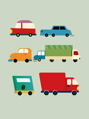 Modern Flat Design Vector Set: Multicolored Trucks and Cars for Transportation Industry