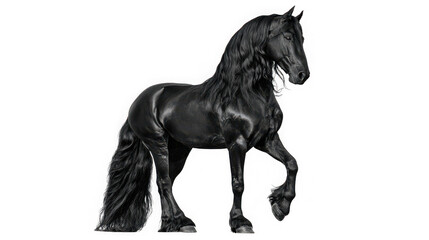 A majestic black friesian horse with a long mane and tail standing proudly isolated on transparent background