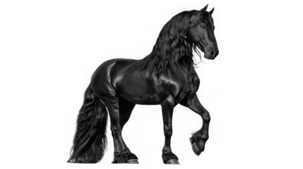 A majestic black friesian horse with a long mane and tail standing proudly isolated on transparent background
