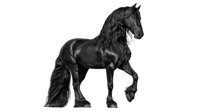 A majestic black friesian horse with a long mane and tail standing proudly isolated on transparent background