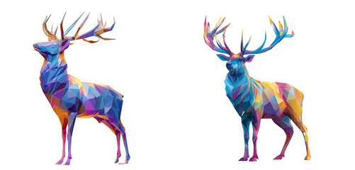 Two abstract polygonal deer with colorful geometric patterns, isolated on transparent background