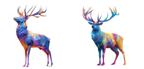 Two abstract polygonal deer with colorful geometric patterns, isolated on transparent background