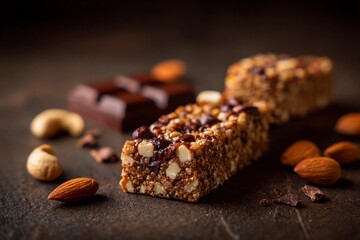 Assorted snack bars made from nuts and chocolate are displayed with almonds and cashews on a rustic wooden surface. The scene captures a healthy treat option