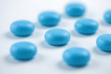 Nine whole blue chewing gum pieces with one bolus in sharp focus on a white backdrop