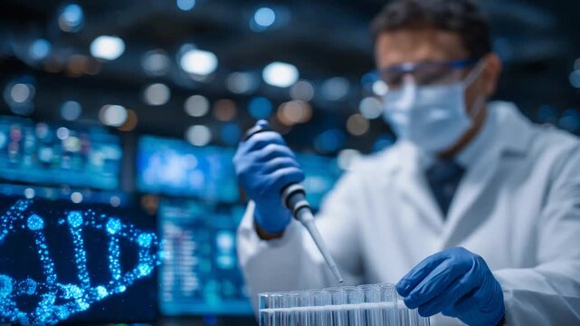 Cutting-edge biotechnology lab with researcher pipetting, surrounded by microscopes, monitors, and glowing DNA sequencing equipment.
