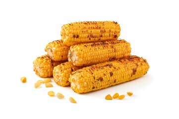 BBQ grilled corn on the cob with a flying piece, isolated on a white background with clipping path