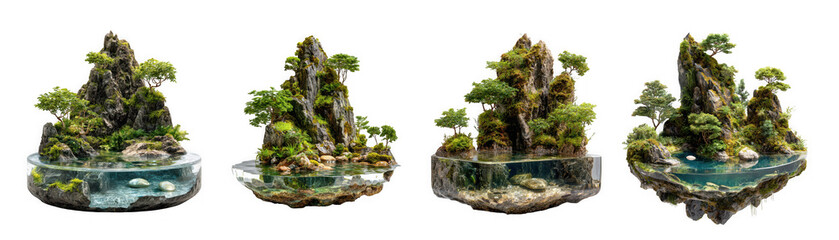 Four miniature bonsai trees on rocky islands with water, isolated on transparent background