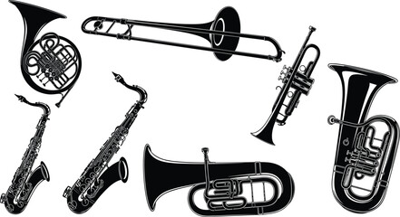 Brass and woodwind instrument silhouettes, black vector icons, music education clipart, orchestra set, trumpet saxophone tuba horn trombone euphonium © Creative Art