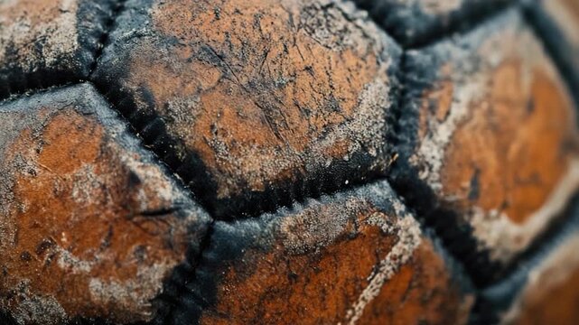 A close-up shot of a worn-out soccer ball with visible scuffs and dirt