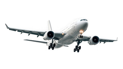 A large, modern passenger airplane in midflight, isolated on a transparent background