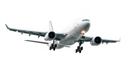 A large, modern passenger airplane in midflight, isolated on a transparent background