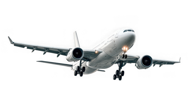 A large, modern passenger airplane in midflight, isolated on a transparent background - Powered by Adobe