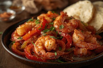 Fototapeta premium Sizzling Shrimp with Mixed Peppers