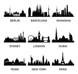 City skyline silhouettes. Berlin, Barcelona, Shanghai, Sydney, London, Dubai, Rome, New York, Paris. Vector template.