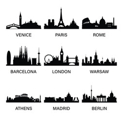 City skylines set. Venice, Paris, Rome, Barcelona, London, Warsaw, Athens, Madrid, Berlin. Vector silhouette collection.
