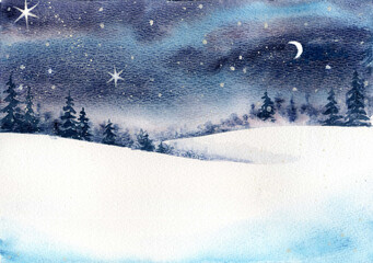 Зимний ночной пейзаж акварелью. Winter watercolor landscape background with snow fields, hills, fir trees, night sky with stars and crescent moon.