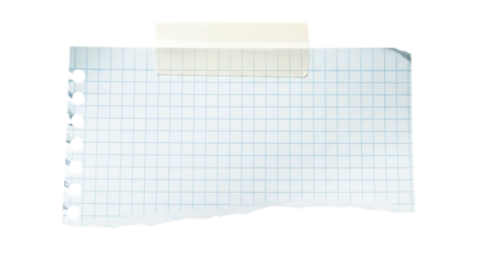 Torn sheet of ruled paper with punched holes attached with tape isolated on transparent background