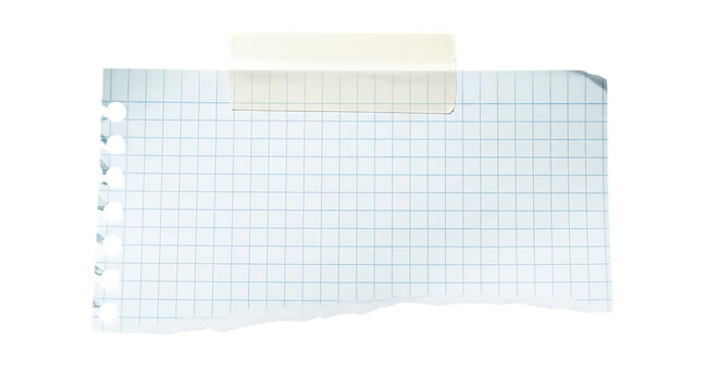 Torn sheet of ruled paper with punched holes attached with tape isolated on transparent background
