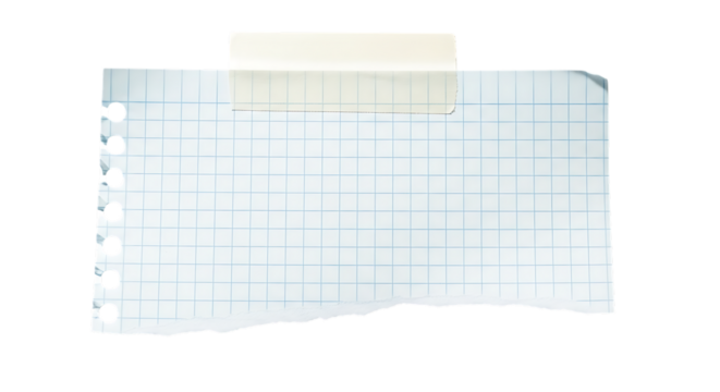 Torn sheet of ruled paper with punched holes attached with tape isolated on transparent background