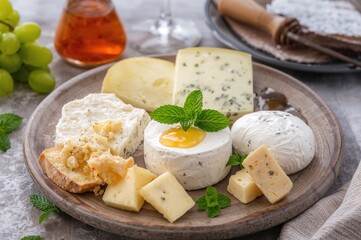 Assorted cheese platter featuring pear, honey, and fresh mint