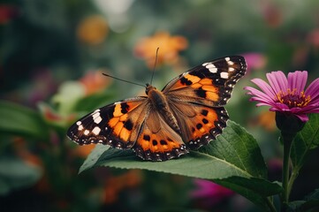 Obraz premium A colorful butterfly featuring orange, white, and black markings calmly perches on a leaf amidst a lively garden.