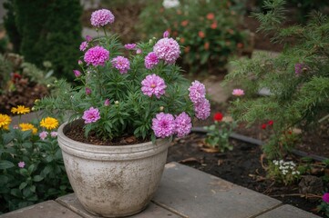 Eco-friendly garden with blooming chrysanthemums in a natural setting promoting peace and sustainability