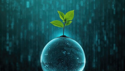 Cultivating a tree atop a glass sphere symbolizing digital and technological integration with binary code and network visuals, representing corporate social responsibility and eco-friendly computing