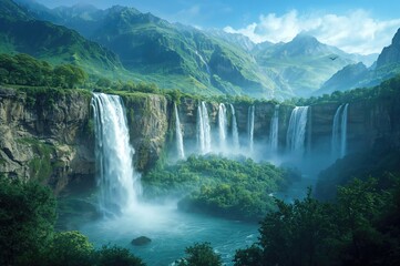 Fototapeta premium Majestic Cascading Waterfalls Amidst Lush Green Valleys and Turquoise Peaks