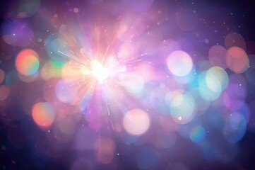 Shimmering abstract background with vibrant rainbow flares and bokeh lights. Festive holiday theme with sparkling circles and decorative elements.