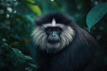 Fototapeta premium Portrait of a Black and White Primate in a Forest Setting