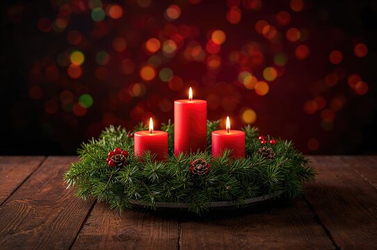 First Advent wreath made of fir branches with glowing red candles on a rustic wooden surface, festive blurred lights in a cozy dark setting, copy space, focused detail