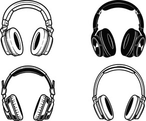 Headphone silhouette set, black vector icons, audio device clipart, minimal design, earphones collection, modern style, music accessory illustrations