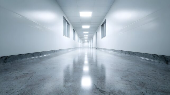 A bright empty modern corridor with polished floors and fluorescent lighting receding into the distance
