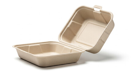 Open empty clamshell container isolated on white background, made from sustainable material, ideal for takeout food packaging, ecofriendly and biodegradable