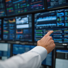 Fototapeta premium Person pointing multiple data screens showing graphs and charts high tech ai infrastructure center filled with data centers for analysis