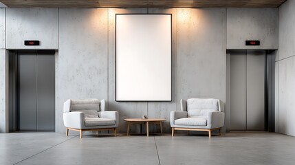 Modern lobby interior design mockup with elevators and blank poster frame for artwork presentation space