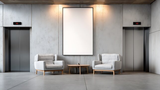 Modern lobby interior design mockup with elevators and blank poster frame for artwork presentation space
