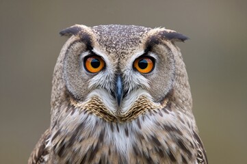 Fototapeta premium Close-up portrait of a Eurasian Eagle Owl with vivid orange eyes, facing forward