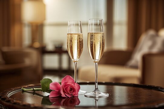 Two flutes of sparkling wine in a luxurious suite. Themes of romance, celebration, and intimate escapes. Wide horizontal banner with soft warm lighting.