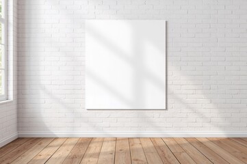 Blank poster on a white brick backdrop with tropical wooden flooring, ready for your design