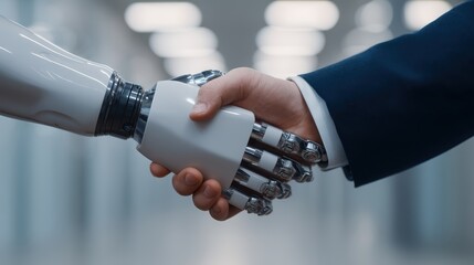 A human hand shakes hands with a robotic hand, symbolizing collaboration between humans and technology in a modern setting.